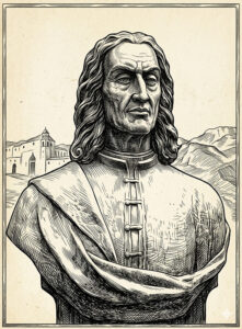 Ilustración de la escultura de Cristóbal de Ponte, fundador de Garachico, generada con IA